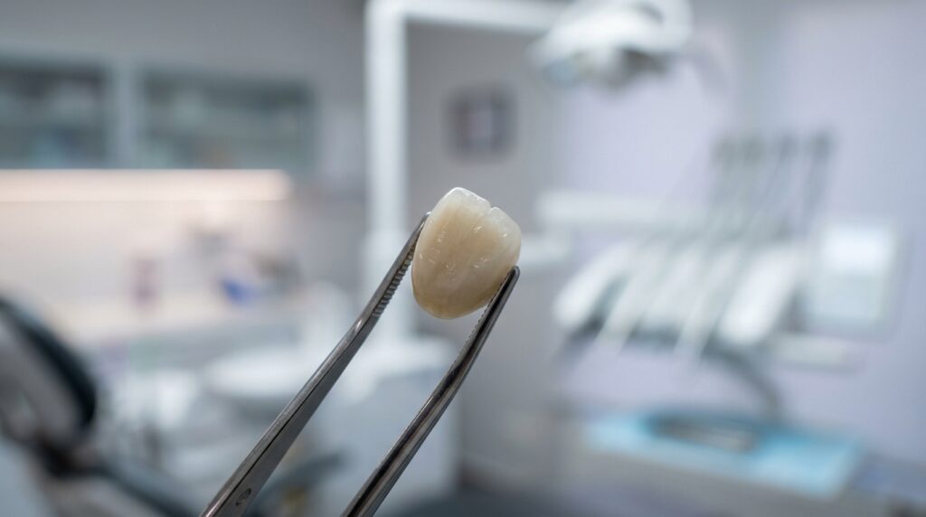 Porcelain dental crown held with dental tweezers at a Perth dental clinic