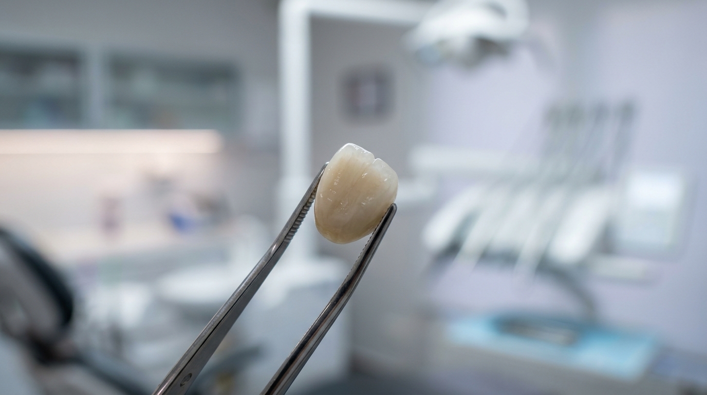 Porcelain dental crown held with dental tweezers at a Perth dental clinic