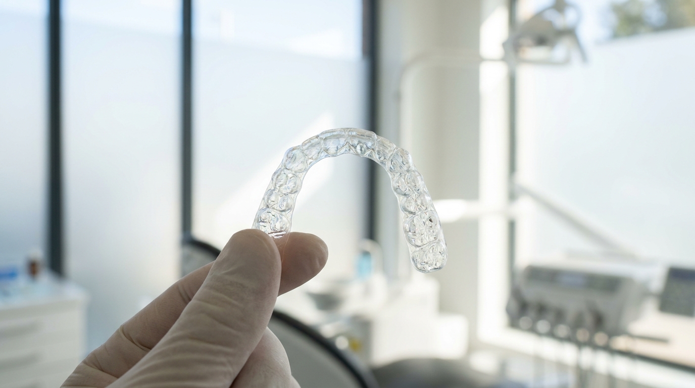 Clear Invisalign aligner tray held in a Perth dental clinic
